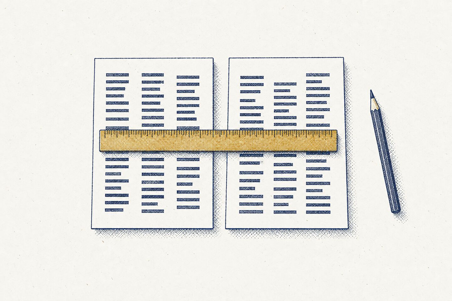 A desk seen from above with two sheets of ruled bars that don't line up, a brass ruler laid across both and a pencil