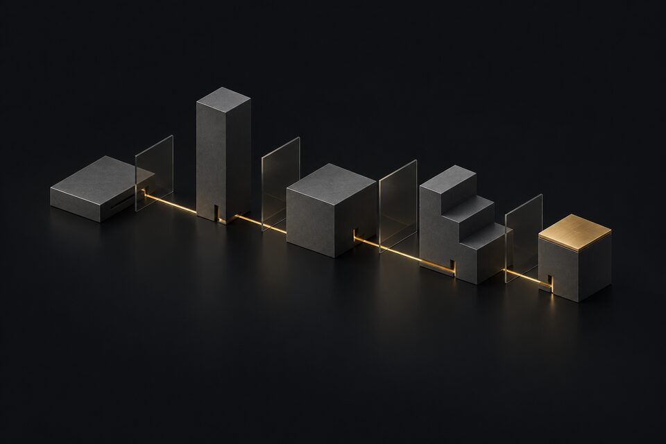 One brass line running through four different graphite volumes to a brass-topped block