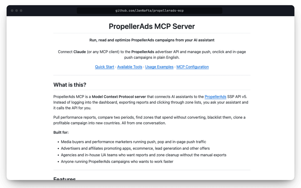 The propellerads-mcp repository README in a browser window