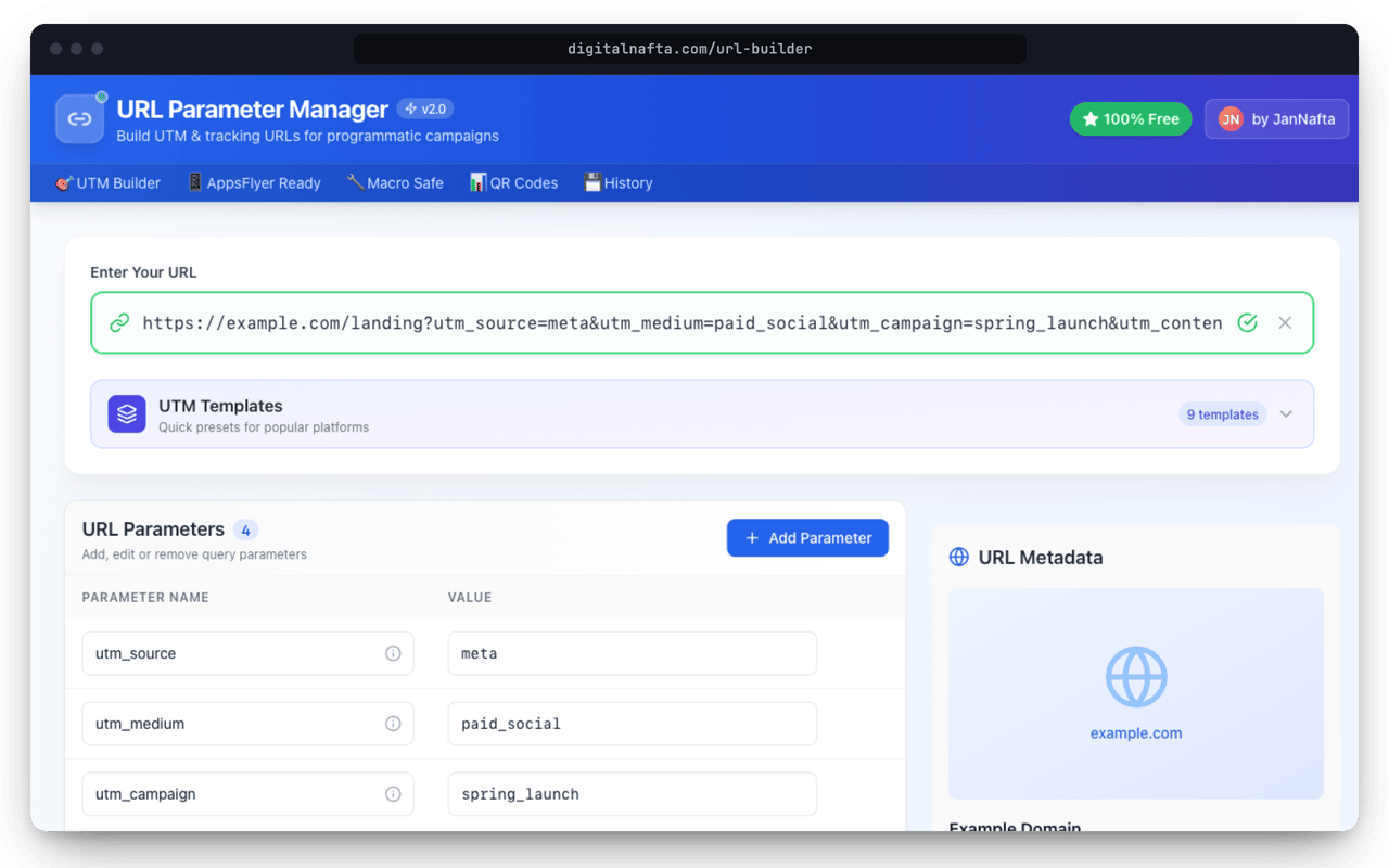 The free URL Parameter Manager tool building a tracking link