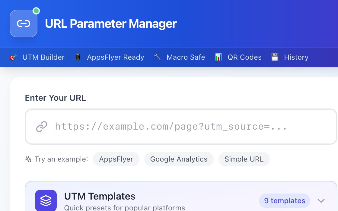 URL Parameter Manager, the free tracking link builder: a field to paste a URL and quick examples for AppsFlyer and Google Analytics