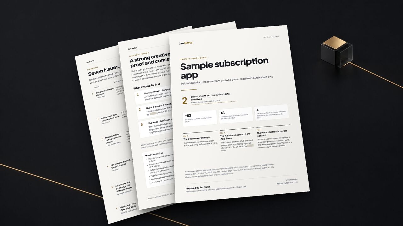 Three pages of a sample growth diagnostic report, anonymized, fanned out on a dark desk