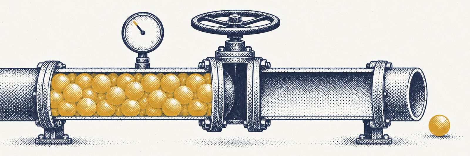 A cutaway pipe with its valve already shut and the gauge needle on its mark: the balls stop before the valve and only one rolls out