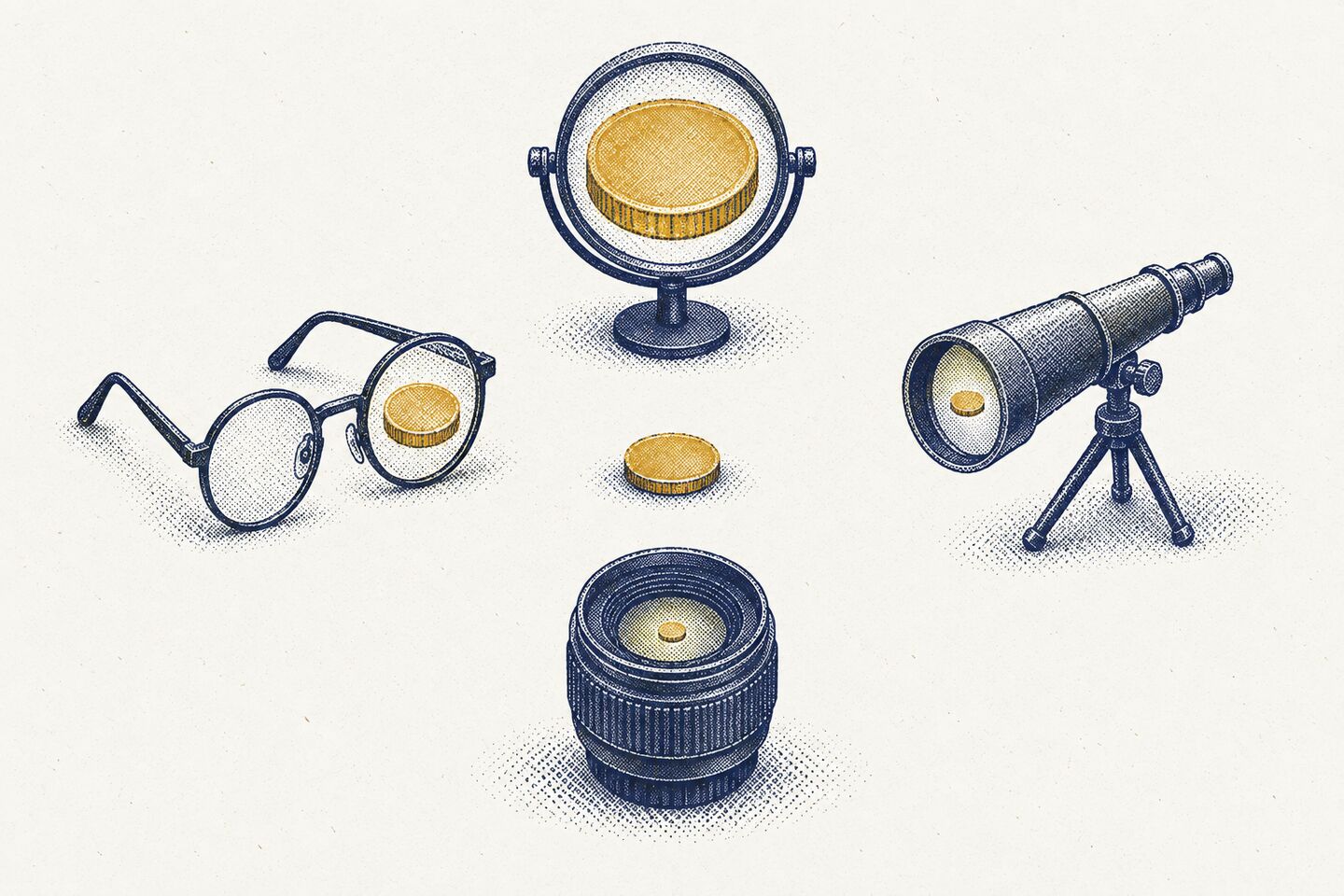 One brass coin in the middle with a magnifying glass, reading glasses, a telescope and a camera lens aimed at it, each showing the coin at a different size