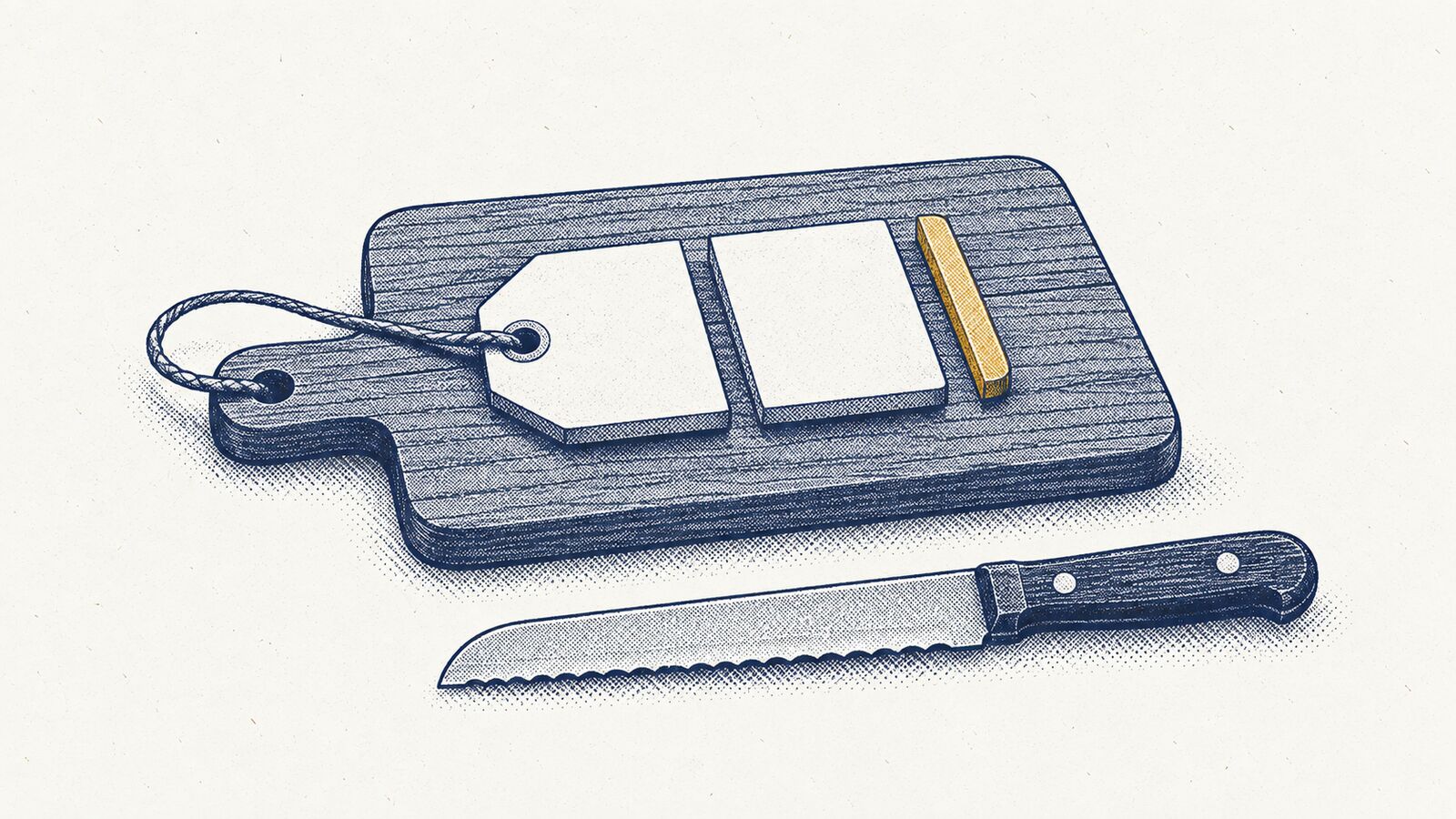 A blank price tag sliced like bread: two thick slices go first and only a thin brass slice is left at the end