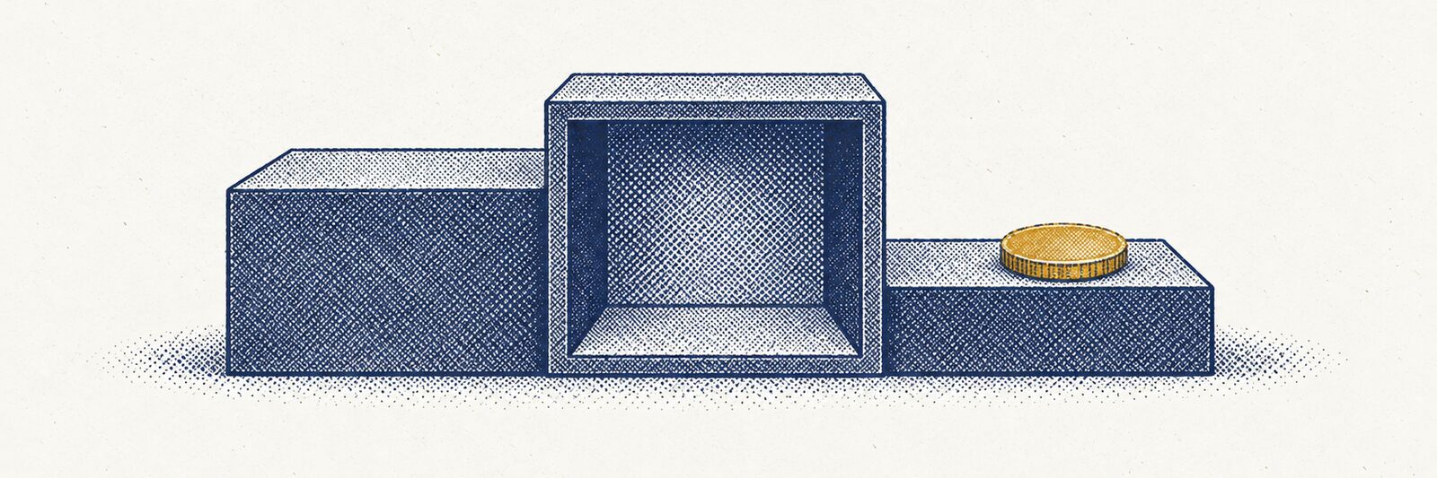 A three-step podium in cutaway: the tallest block is hollow and the only brass coin sits on the lowest step