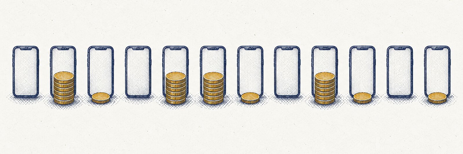 Twelve blank phone-shaped frames in a row, with almost all the brass coins stacked in front of just four of them