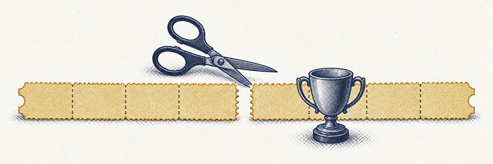 A strip of brass coupons cut in half with open scissors beside it, and a small trophy in front