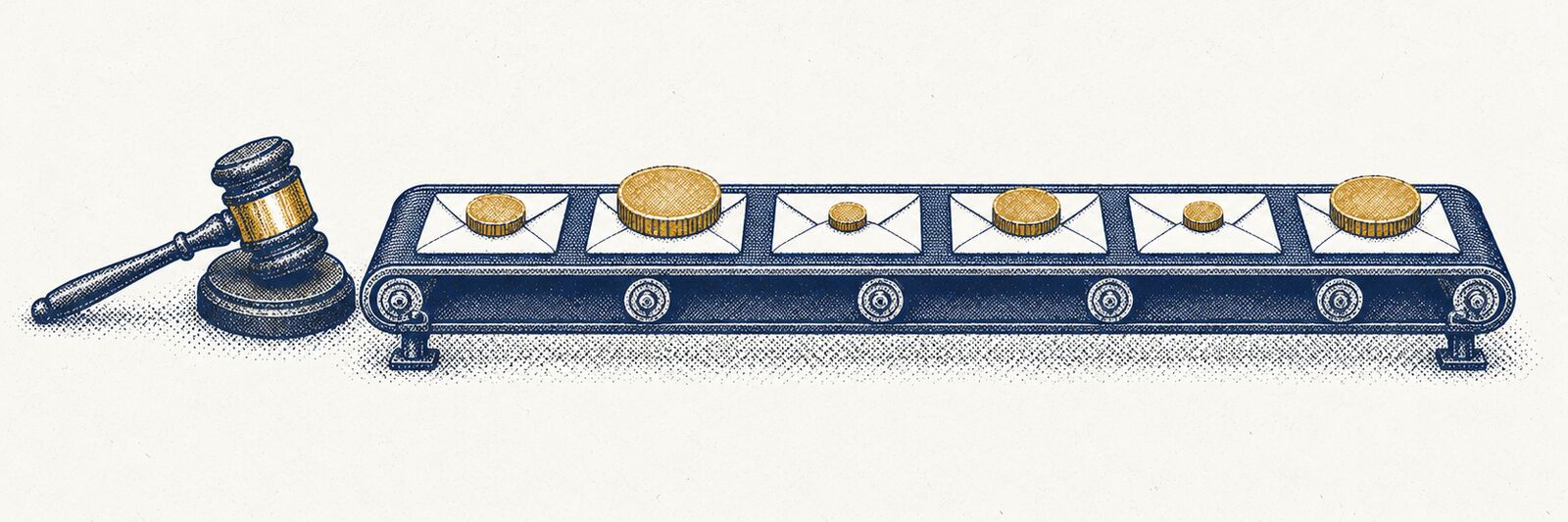 An auctioneer's gavel beside a belt of identical envelopes, each carrying a brass coin of a different size