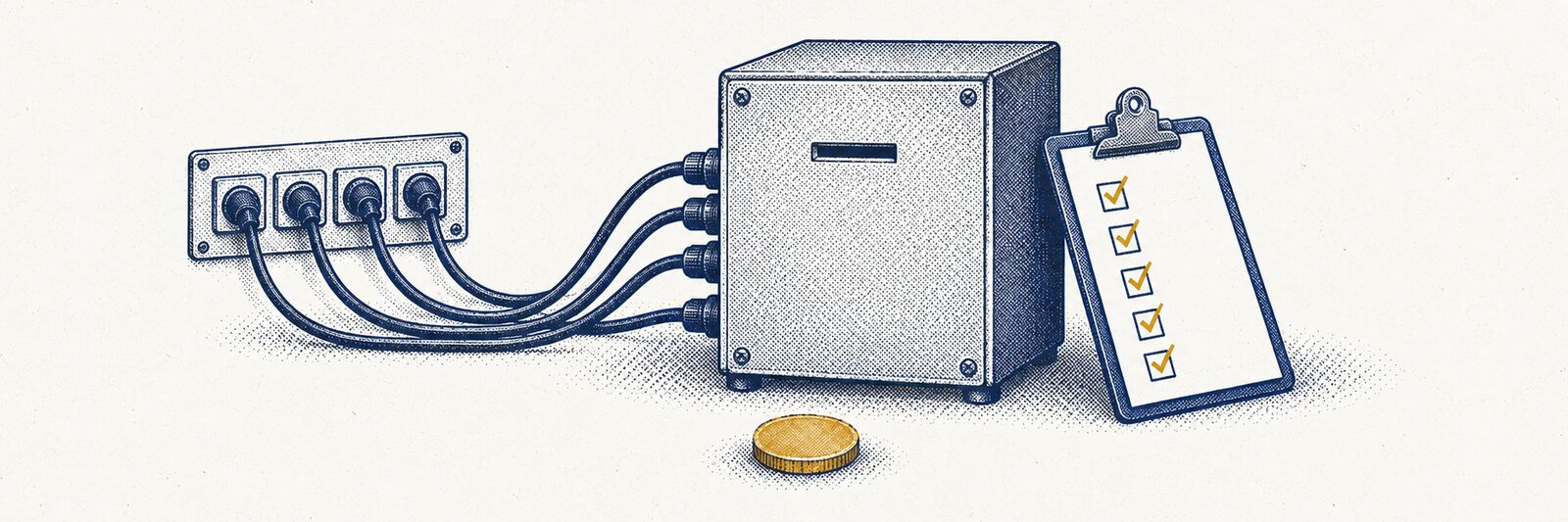 A new cabinet with every cable already plugged into the wall panel and a fully ticked checklist, while its coin slot is still empty