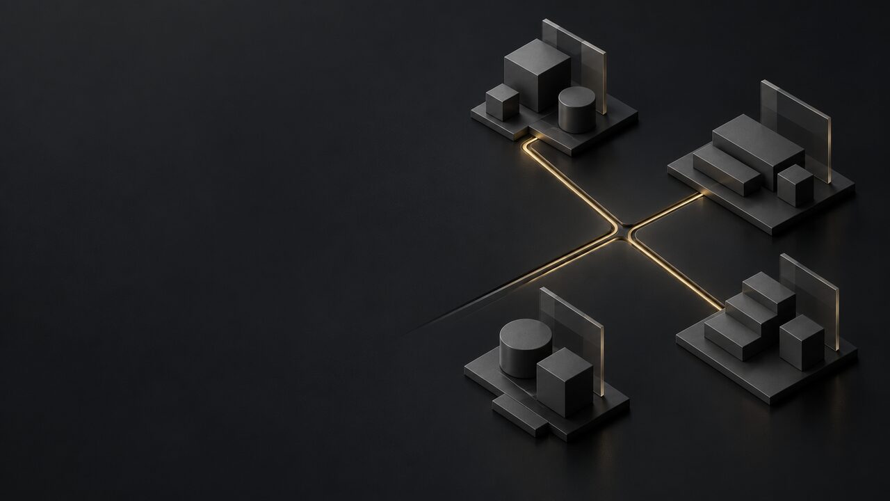 Four groups of graphite blocks each sending a brass line into one shared groove