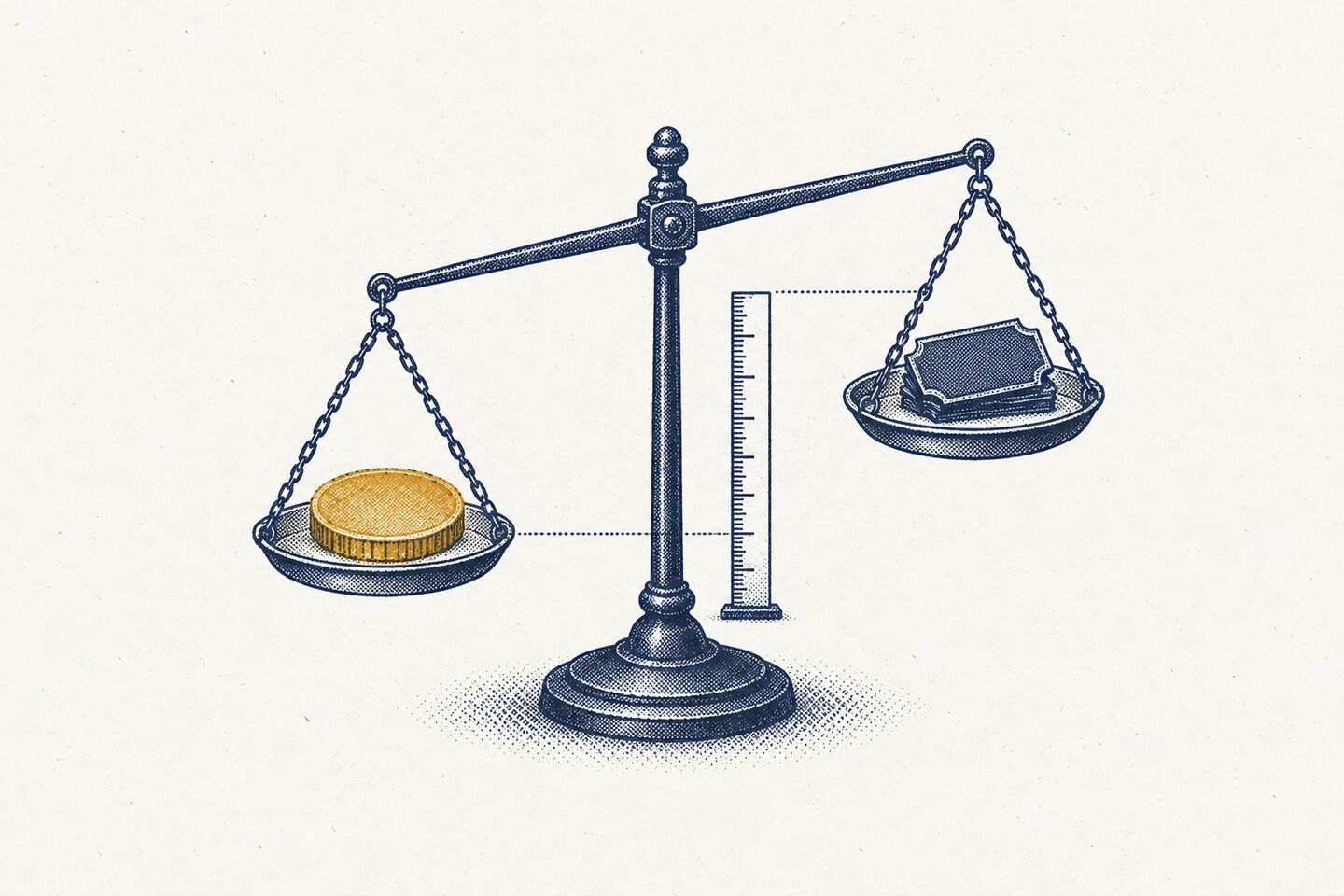 A balance scale at rest with a large brass coin in one pan and a stack of click tickets in the other, with a ruler measuring the gap between them