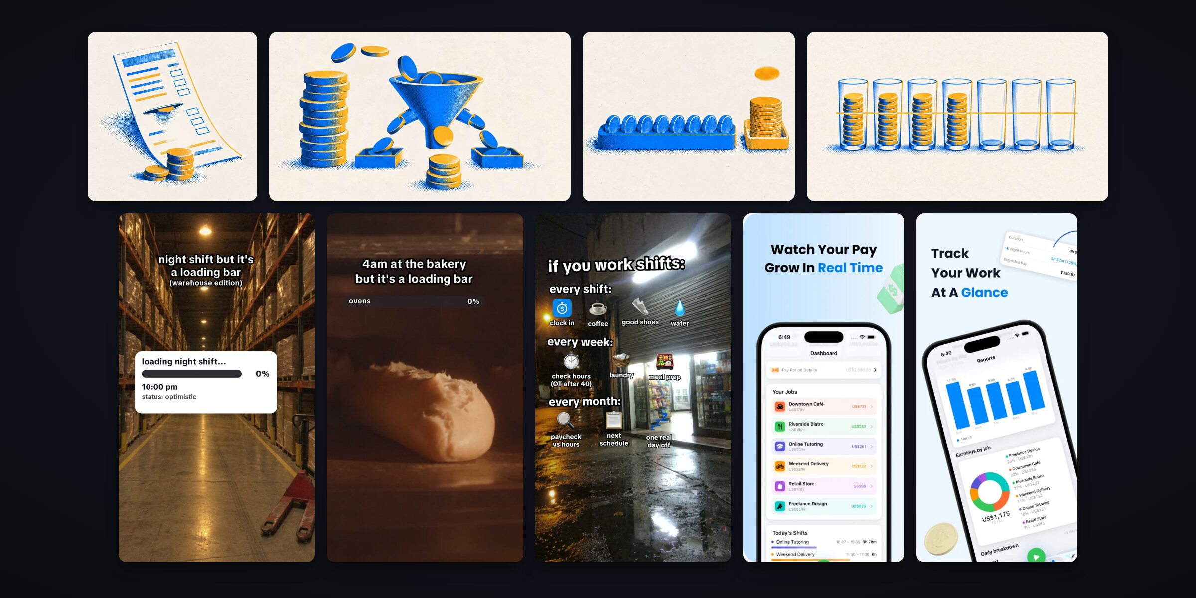 Creatives made for my own app ShiftWallet: one frame each of four different looping riso animations from its website, all about pay and coins, three vertical TikTok videos and two App Store screenshots
