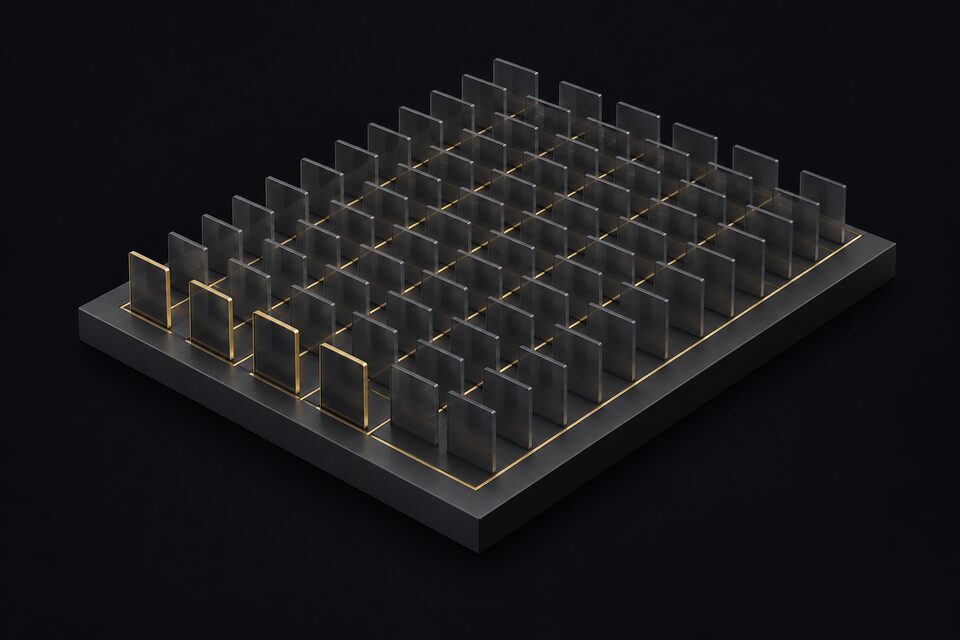 Rows of thin glass cards with four at the front edged in brass