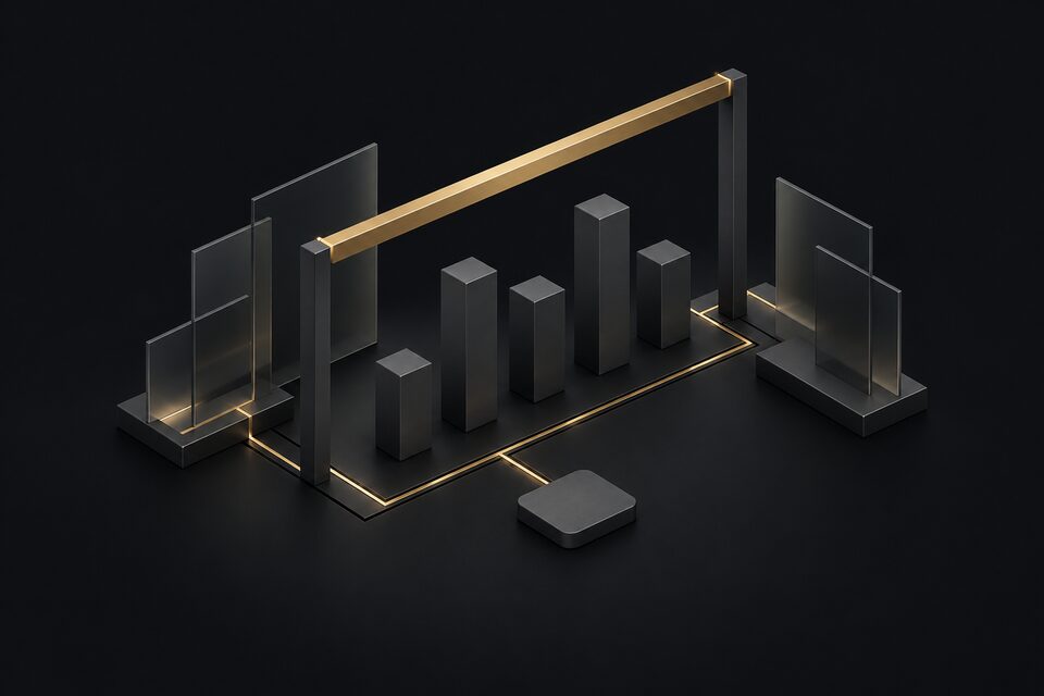 Graphite columns standing below a horizontal brass bar set like a ceiling