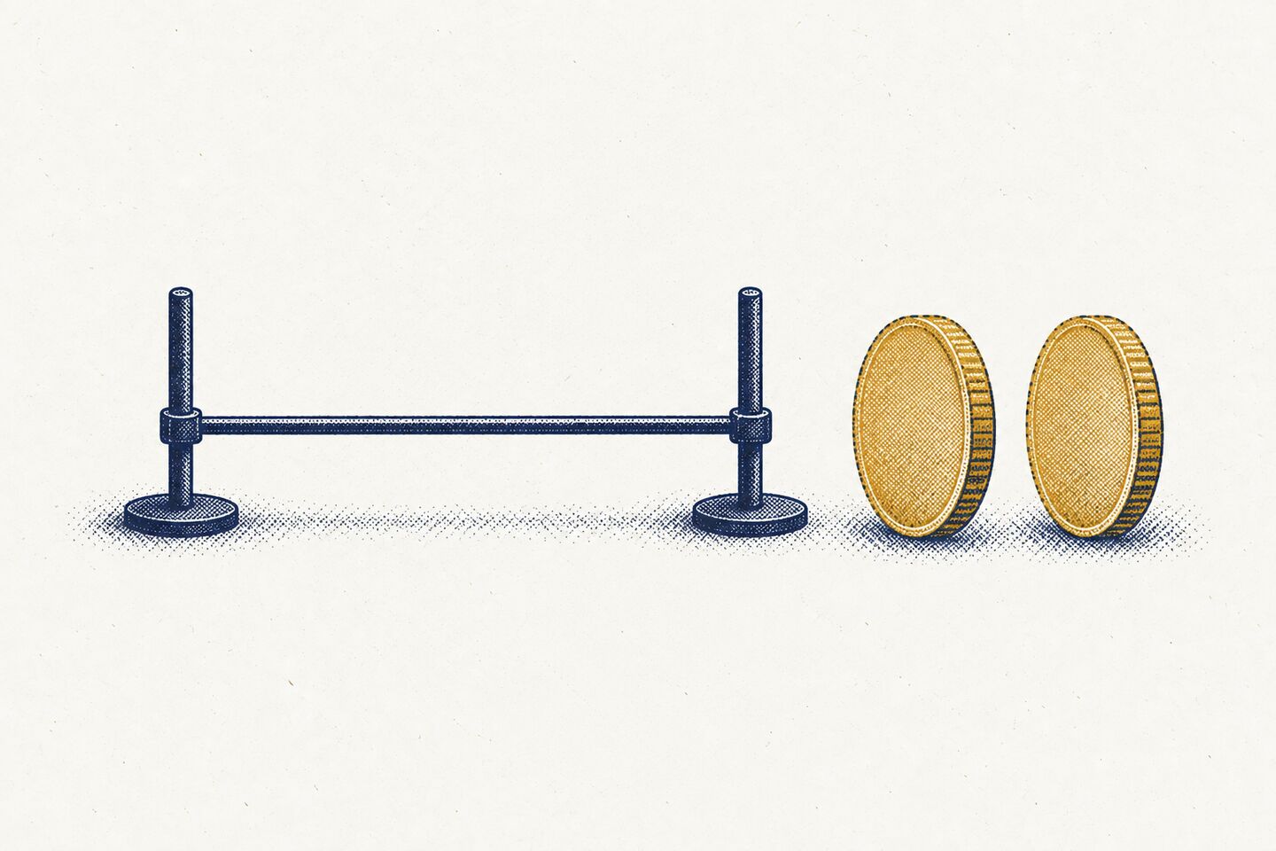 A limbo bar set very low on two posts, with two brass coins standing beside it, both too tall to pass under