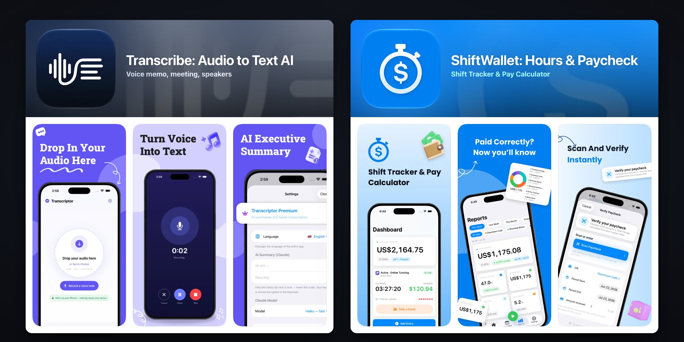 The App Store listings of two of my own iOS apps, Transcribe: Audio to Text AI and ShiftWallet: Hours and Paycheck, with their icons, names and listing screenshots