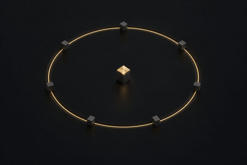 A circular brass line with seven graphite markers around a brass-topped center block
