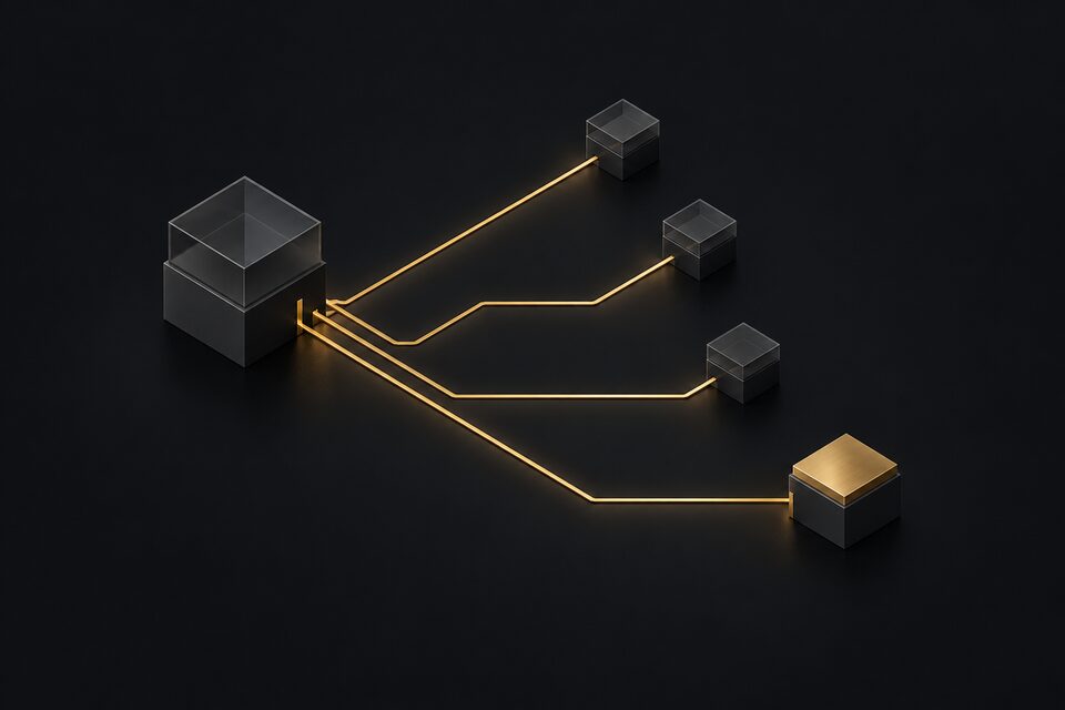 Four brass lines leaving one block, three ending at small caps and one reaching a brass-topped block
