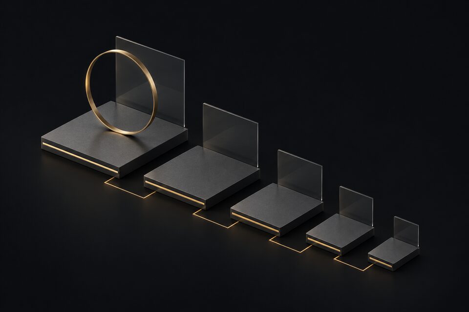 Graphite slabs ordered from largest to smallest with a brass ring over the largest