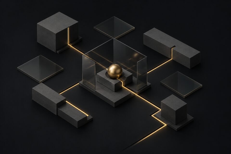 A brass sphere in a graphite cradle enclosed by glass panels, reached by one brass line