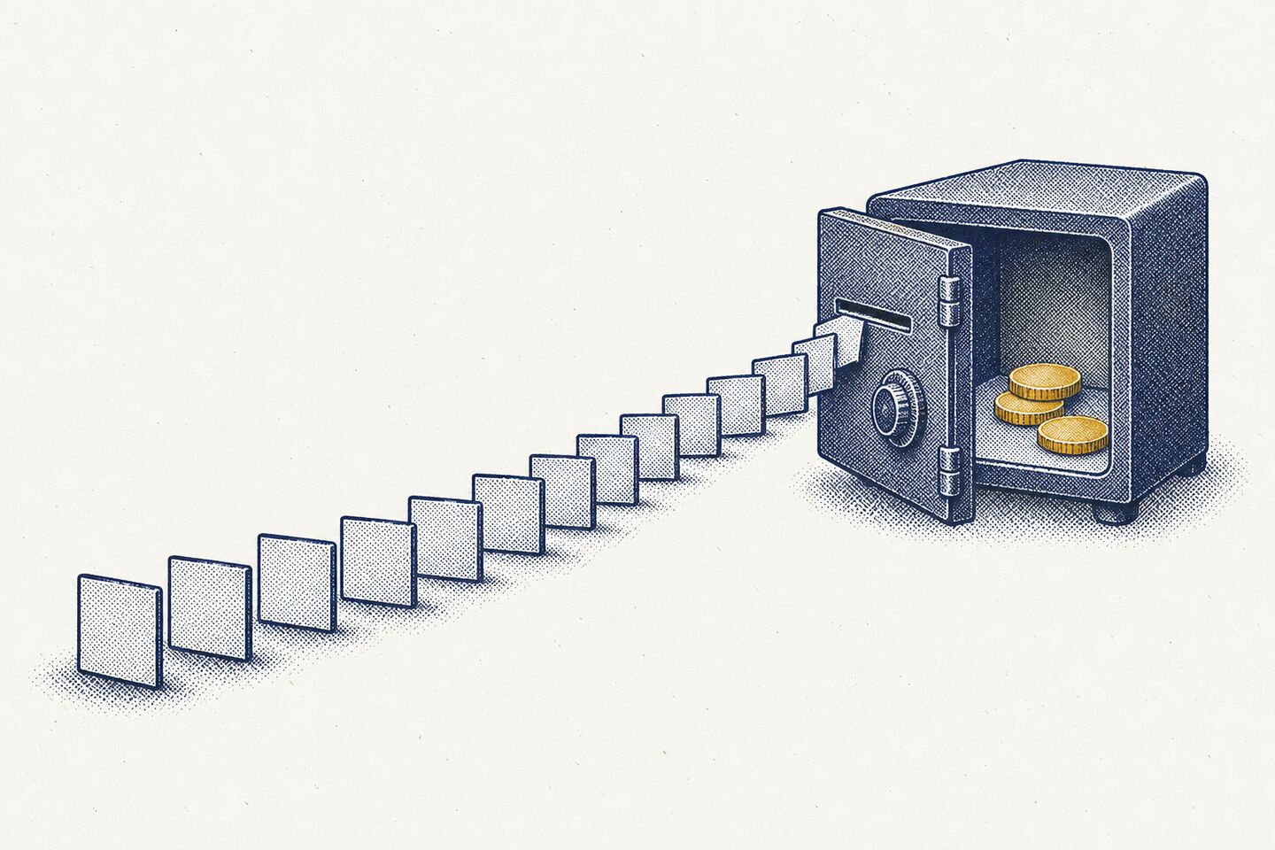 A long queue of plain tiles leads to a safe with a narrow slot, and only a few brass coins sit inside the safe