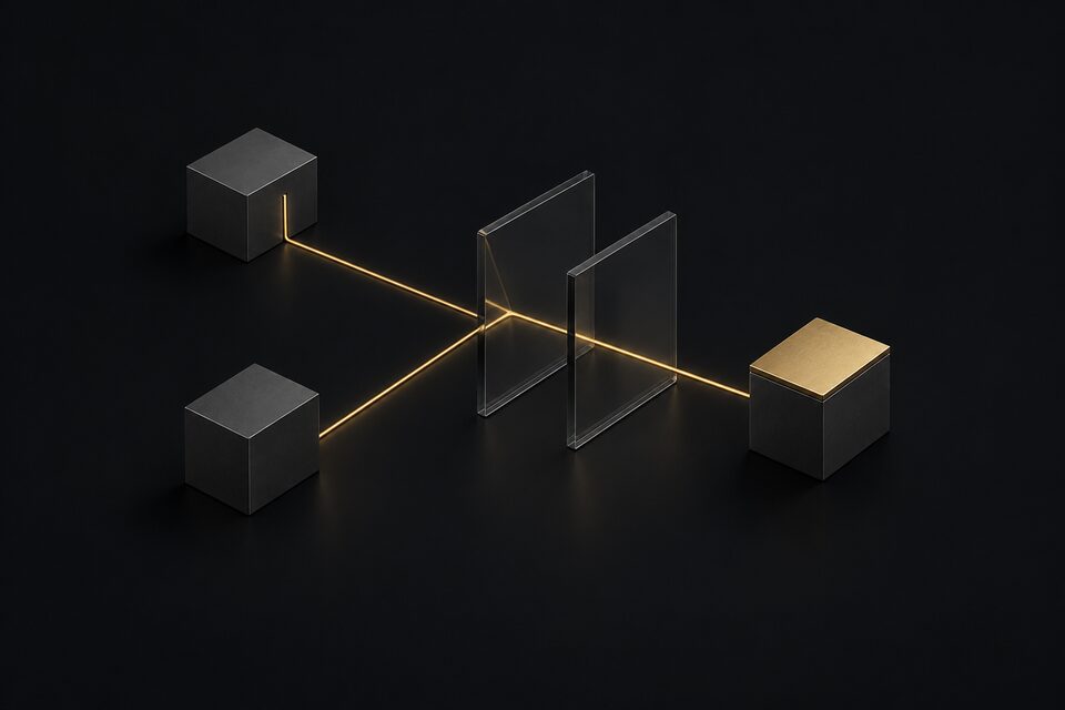Two brass lines merging into one as they pass through two glass plates