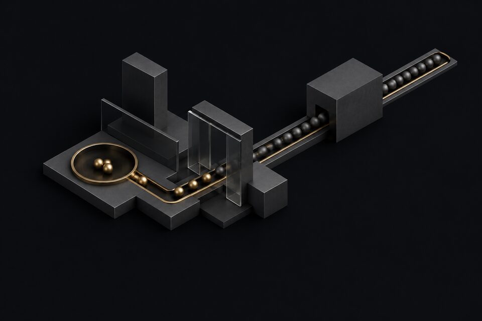 Graphite spheres rolling through a glass gate, only a few turning brass and gathering in a basin