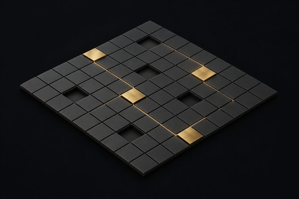 A grid of graphite tiles, a few brass-topped and linked, a few sunk and dark