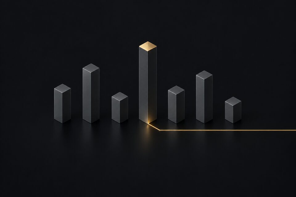 Graphite columns of different heights like bids, a brass line reaching only the tallest