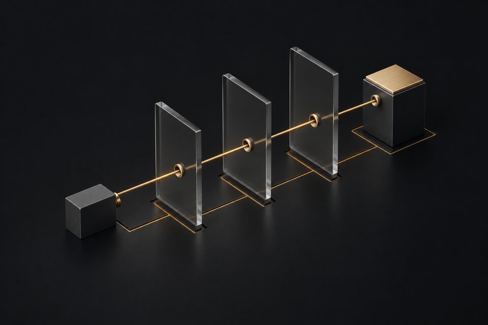 One brass line passing straight through aligned holes in three glass plates