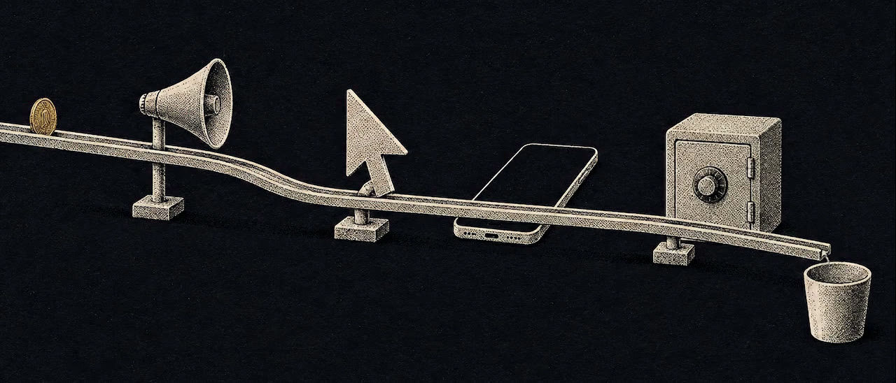 A brass coin rolls along one long rail past a loudspeaker, a pointer, a phone and a safe, and drops into a cup at the end