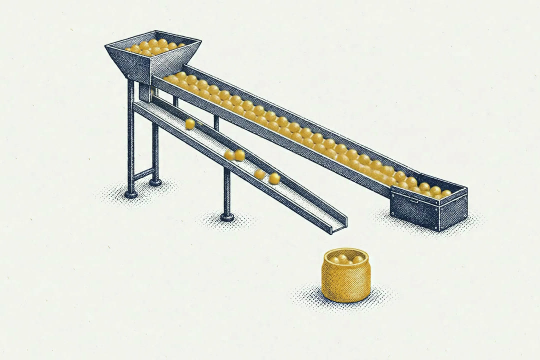 Most brass balls roll down a wide chute into a box, and only a few roll down a narrow chute into a brass jar