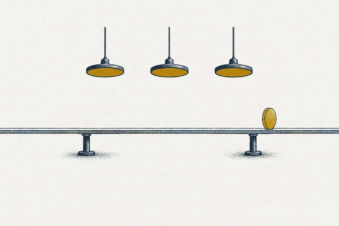 One brass coin rolls along a plank from one edge of the picture to the other, and each of the three identical lamps above it fills with brass as it passes, so one coin is counted three times