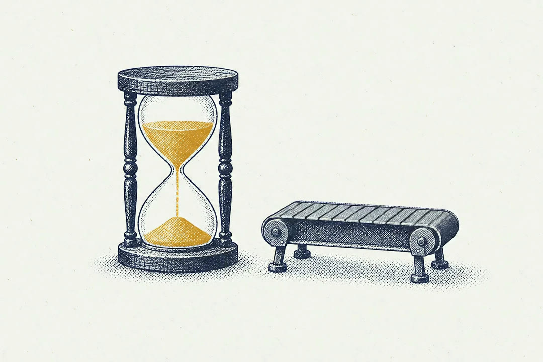 Brass sand keeps running through an hourglass while the conveyor belt beside it stays empty and still