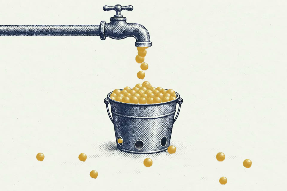 Brass balls pour from a tap into a bucket and keep rolling out again through the holes near its base