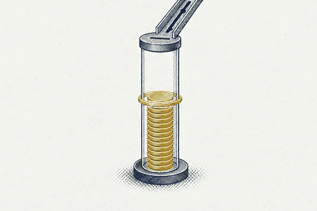 Brass coins slide down a chute and drop one by one into a clear tube, stacking up to a brass ring halfway up, then the full stack sinks out through the base and the tube starts filling again