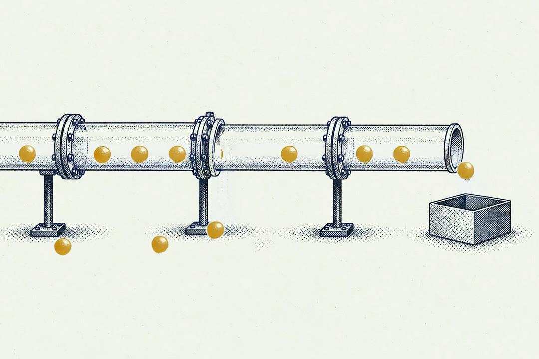 Brass balls roll in a row through a clear pipe and some fall out at the one joint that is not closed