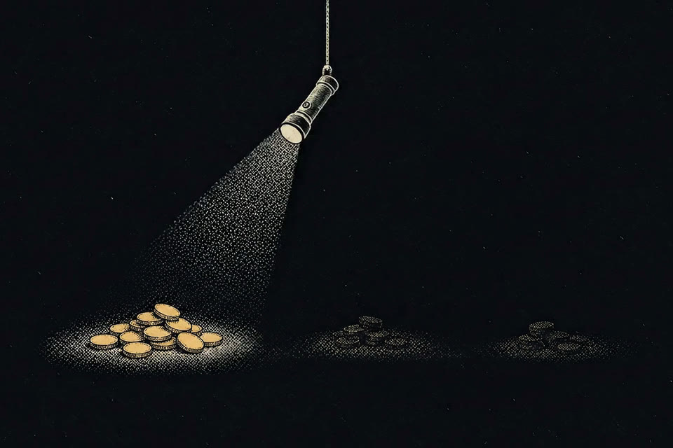 A flashlight beam sweeps slowly across a dark floor and finds three separate piles of brass coins