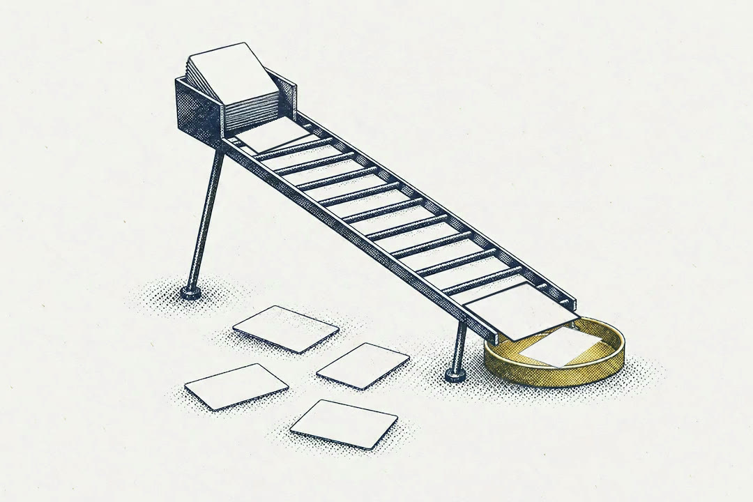 Plain cards slide one by one out of a box and down a slanted grid: three fall off onto the floor and one reaches a brass tray