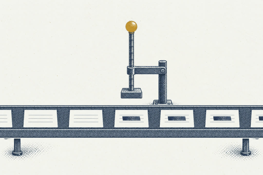 Blank sheets of notes move along a belt and stop one at a time under a hand stamp, which presses down and marks each sheet before it moves on