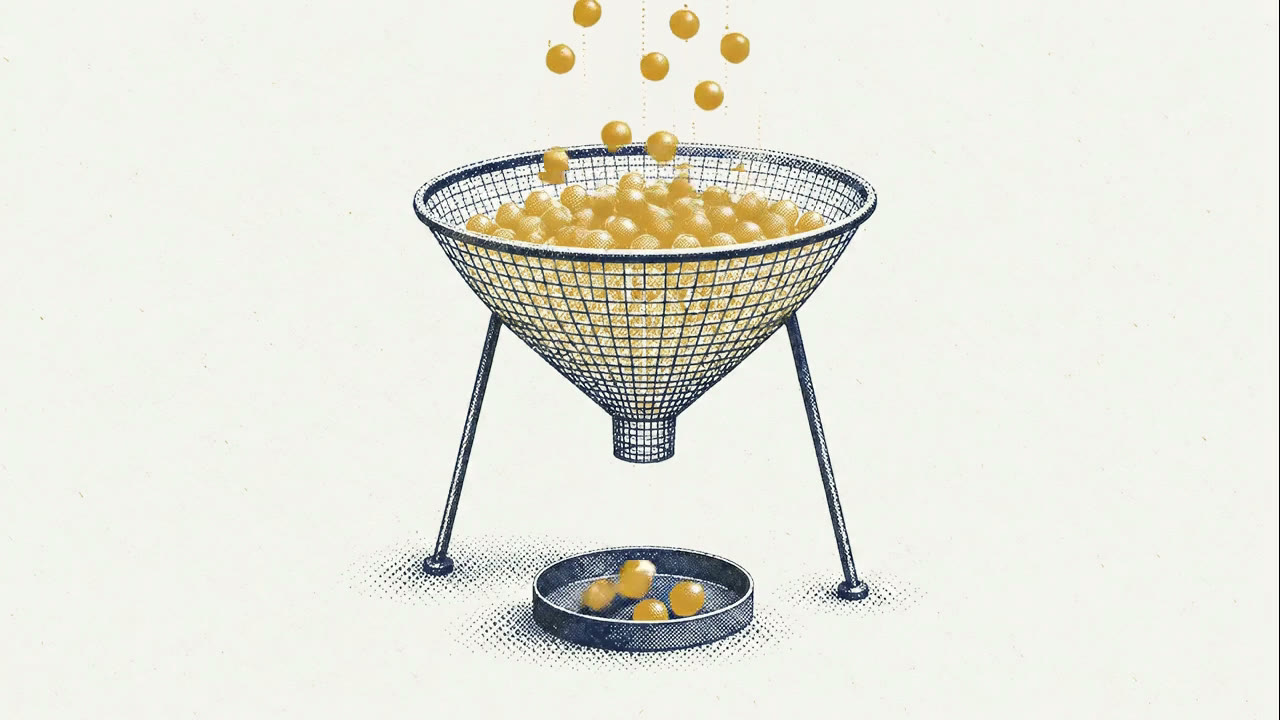 Brass balls fall into a wire sieve, most stay caught in the mesh and only a few drop through into the tray below