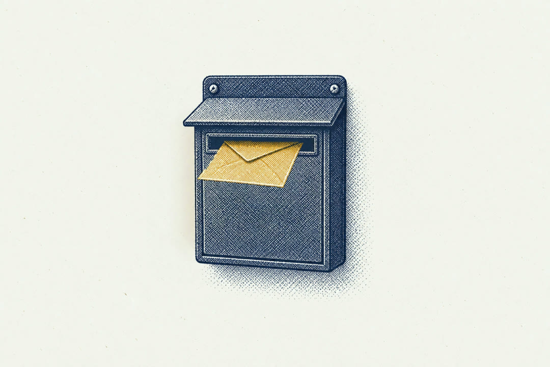 A brass envelope rises to the slot of a single wall letterbox, slides in and disappears inside