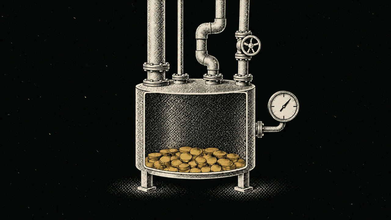 Inside a cutaway tank fed by four different pipes, brass coins drop one by one onto the pile, the only place where money shows