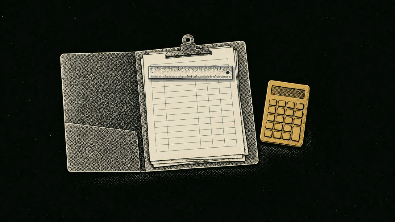 A ruler slides down a clipped worksheet one row at a time, next to a brass calculator